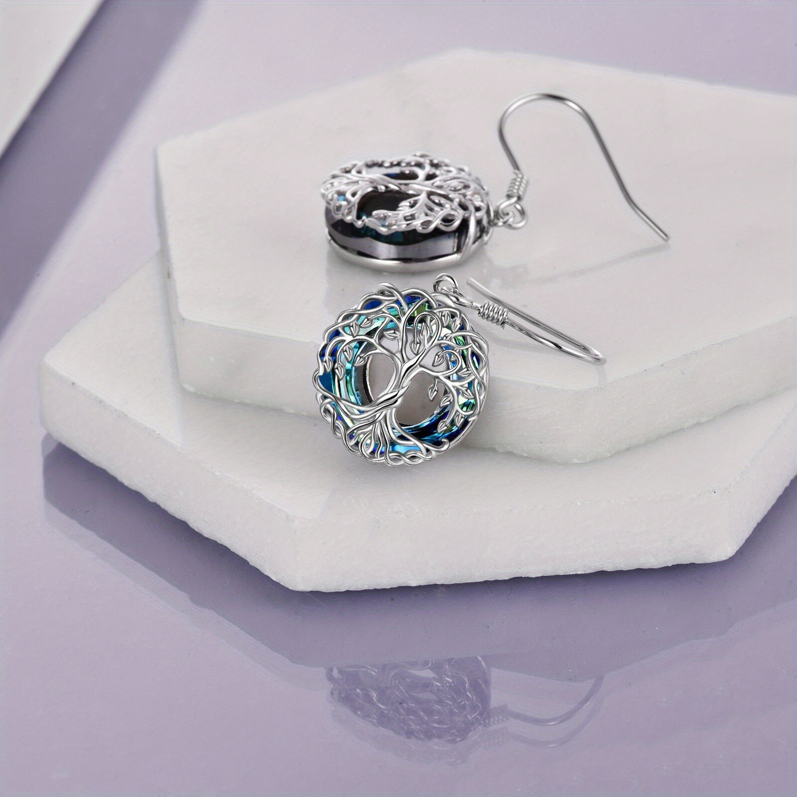 Women's Tree of Life 925 Sterling Silver Earrings with Blue Crystal